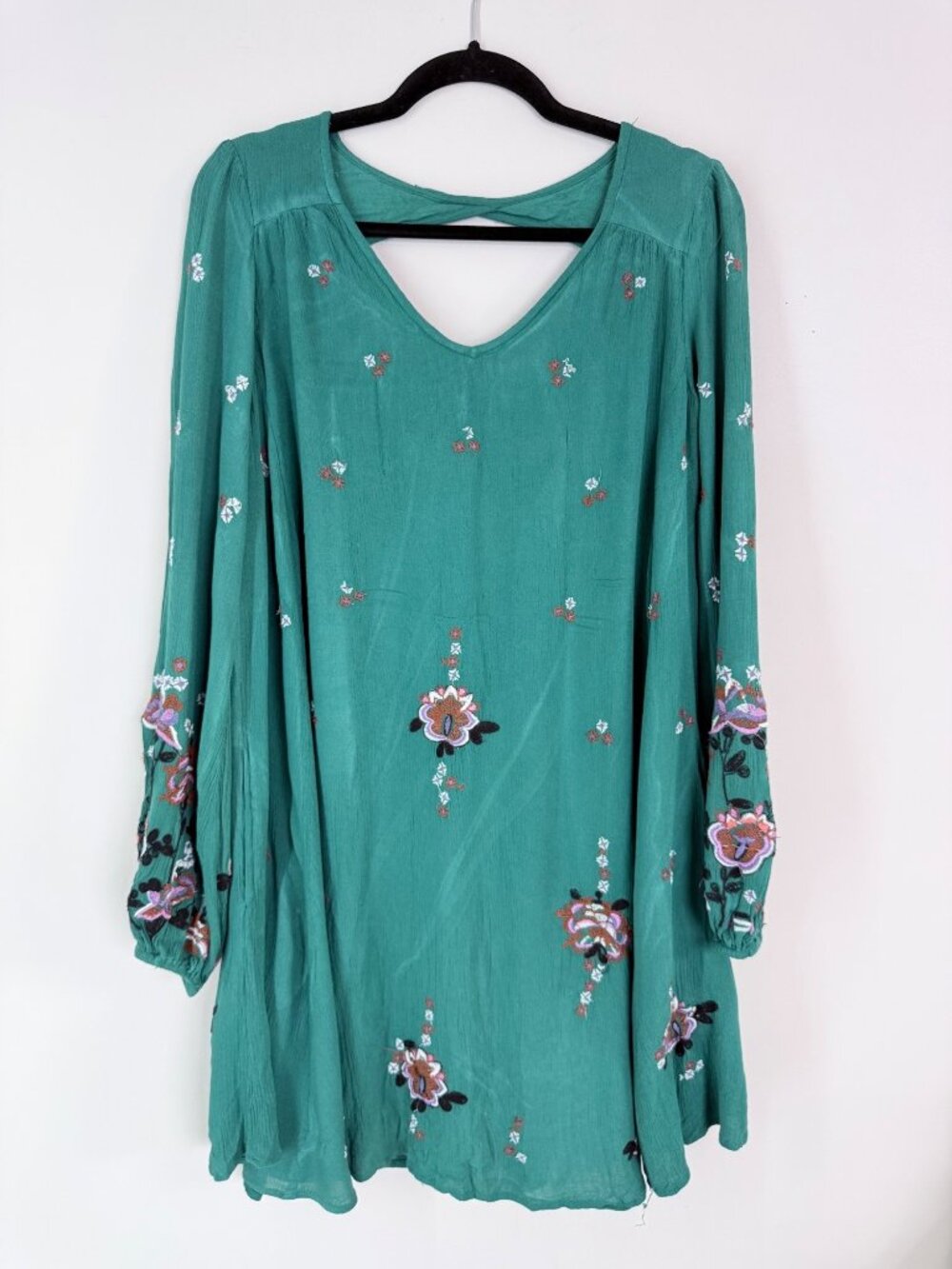 Free People Women's Green Embroidered Long Sleeve Tunic Dress XS Boho Chic